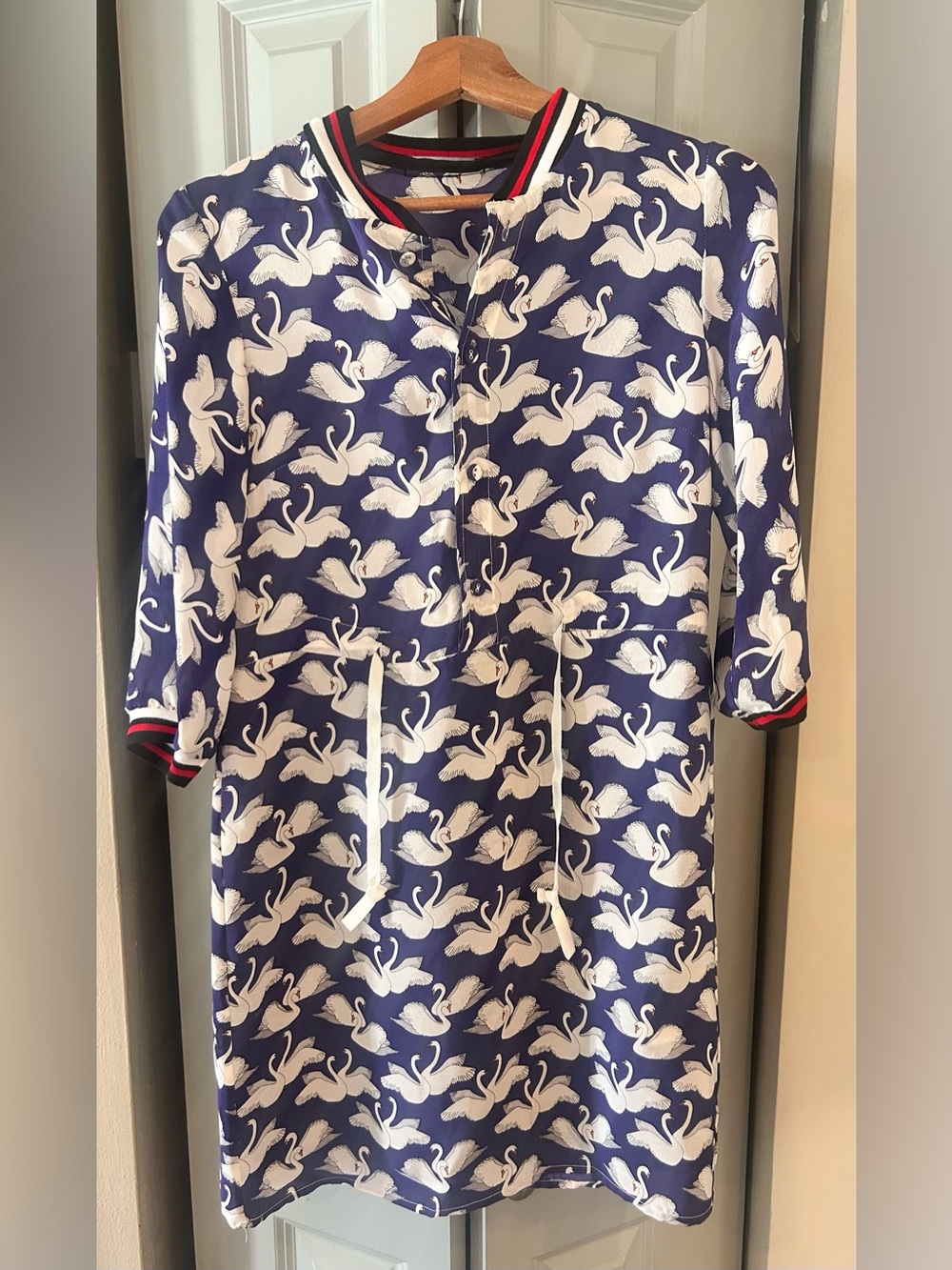 Alexander McQueen swan print Dress with Red-Trim Collar